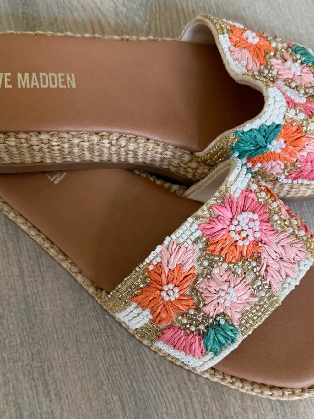 Steve Madden Floral Embroidered Slide Sandals in Pink, Orange & Teal - Picture 3 of 4